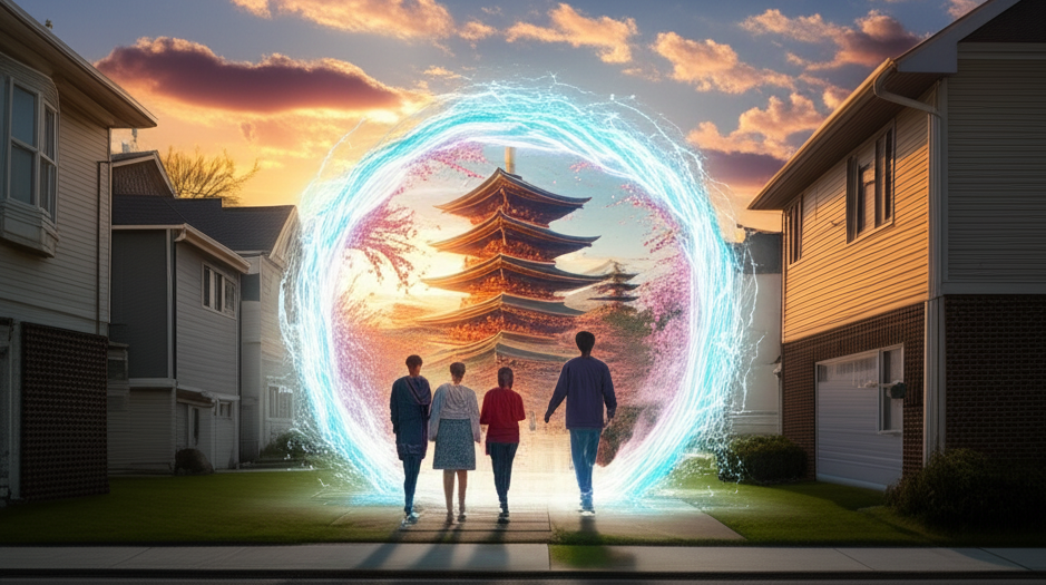 A suburban street with a glowing portal opening onto a pagoda